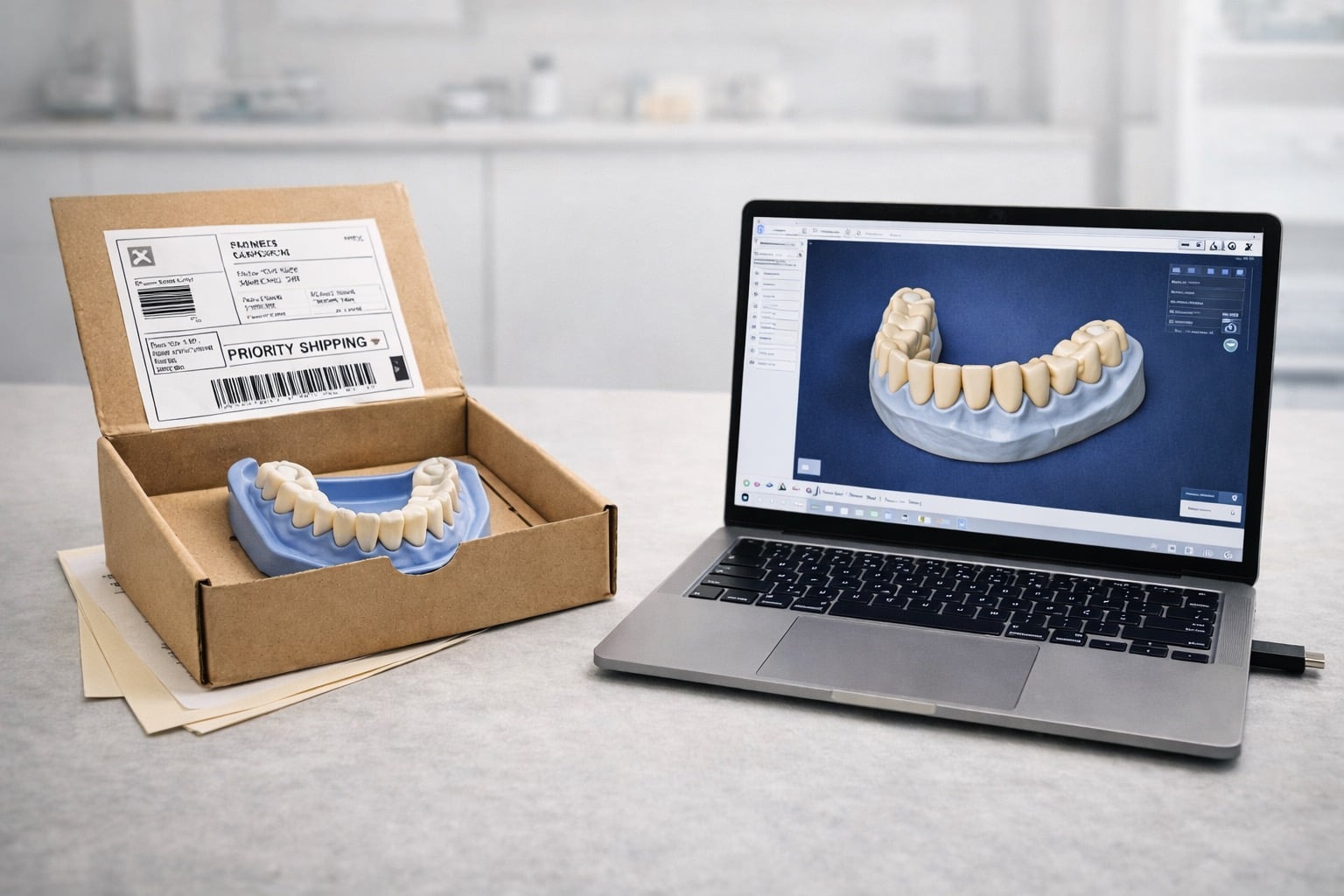 Analoge Abformung im Versandkarton neben einem Laptop mit dem digitalen Scan