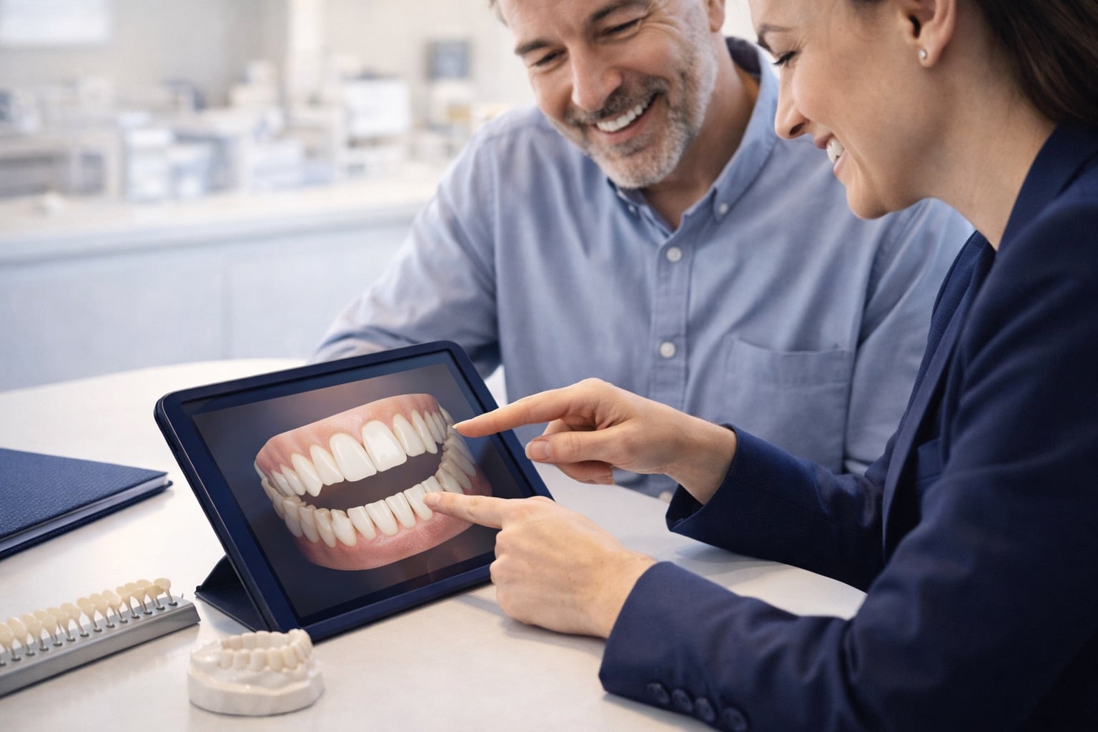 Consultation with a tablet: a patient looks at his planned restoration.